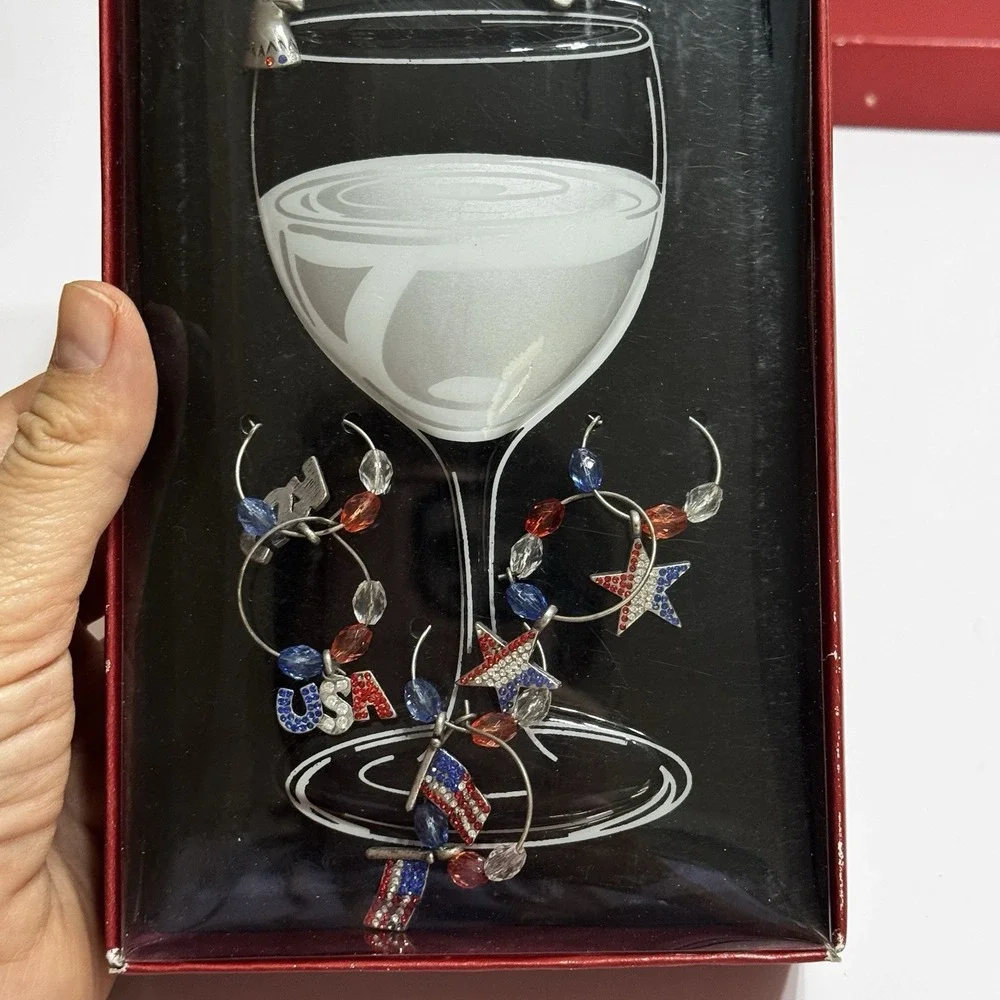 Set 12 VTG JC PENNEY Wine Markers Patriotic USA Stem Glass Charms Set Americana